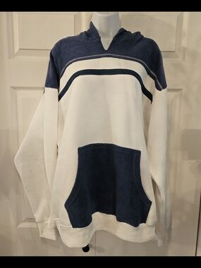 White and Navy Hooded Pullover with Contrast Pocket